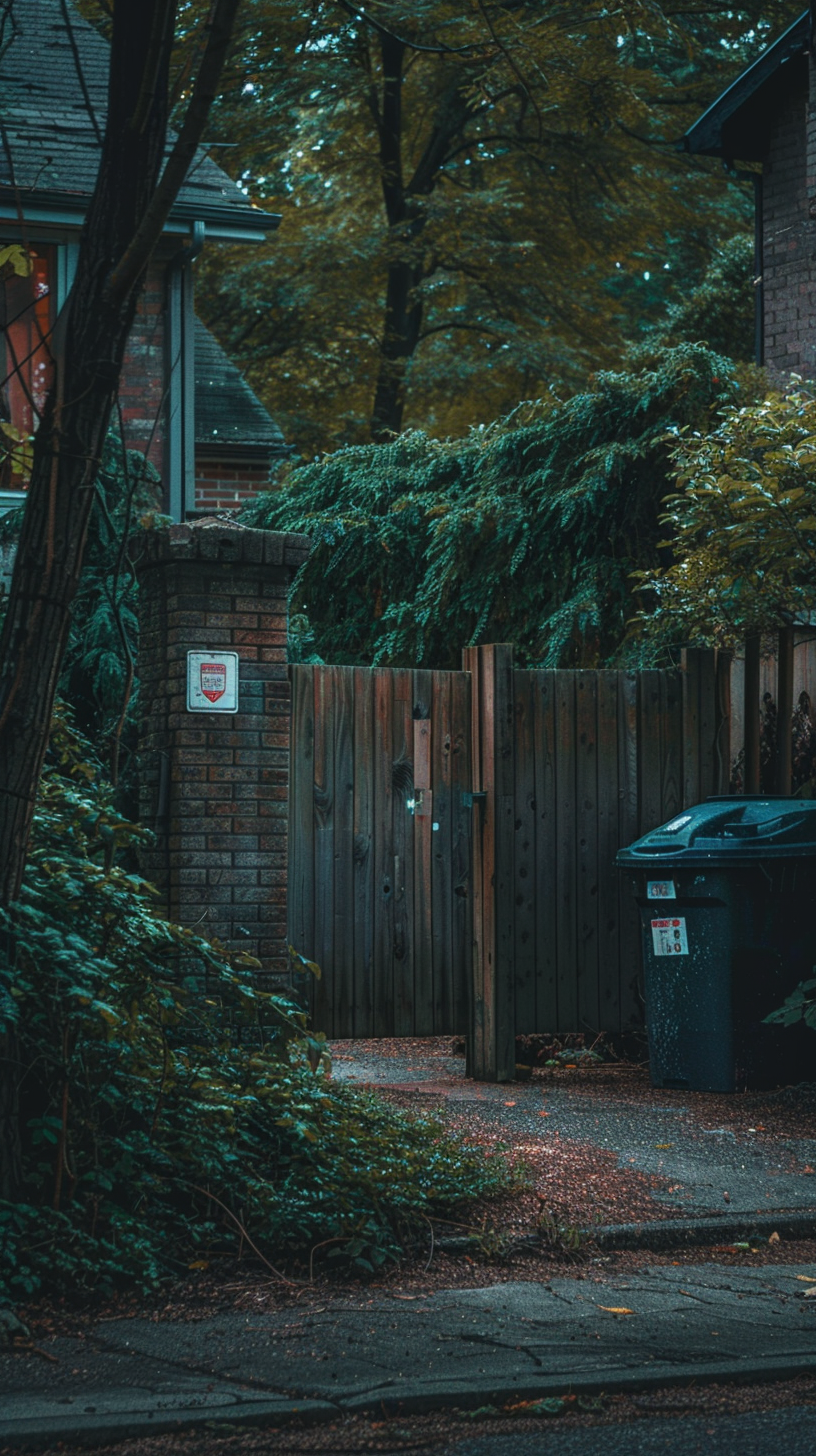 Side gate ajar, overgrown hedge, recycling bin visible from curb