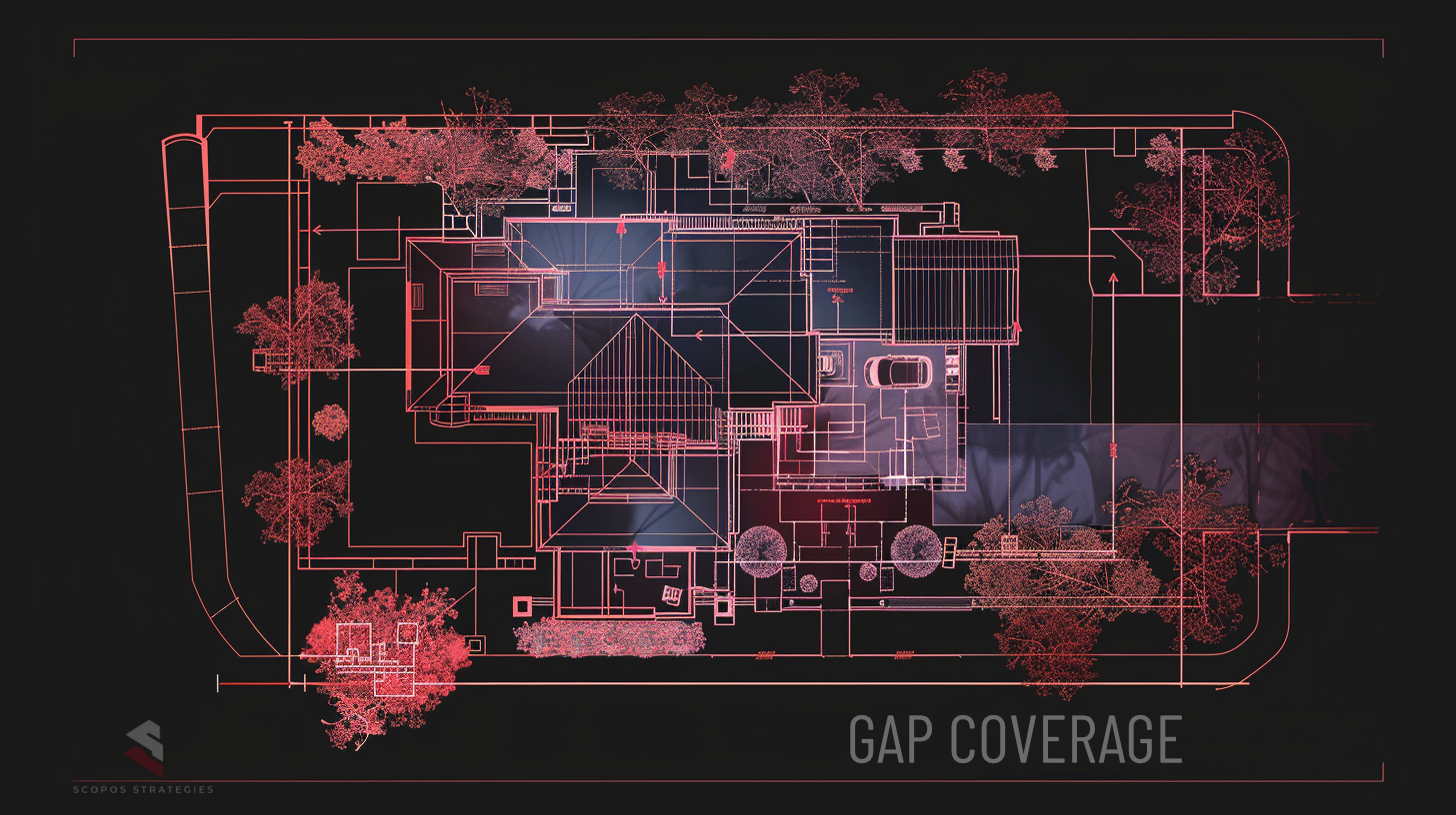 Residential security site plan showing monitored coverage zones versus unmonitored gaps